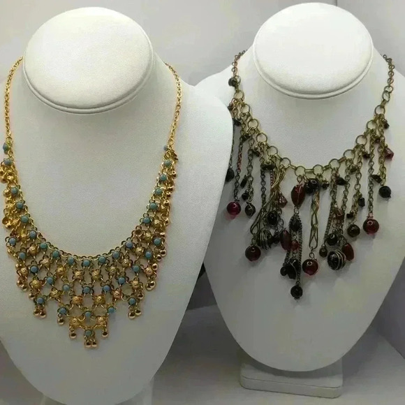 Lot of 2 Statement Necklaces: Gold-Tone Bib Dangle & Bronze Red Beaded Chain - Picture 3 of 10